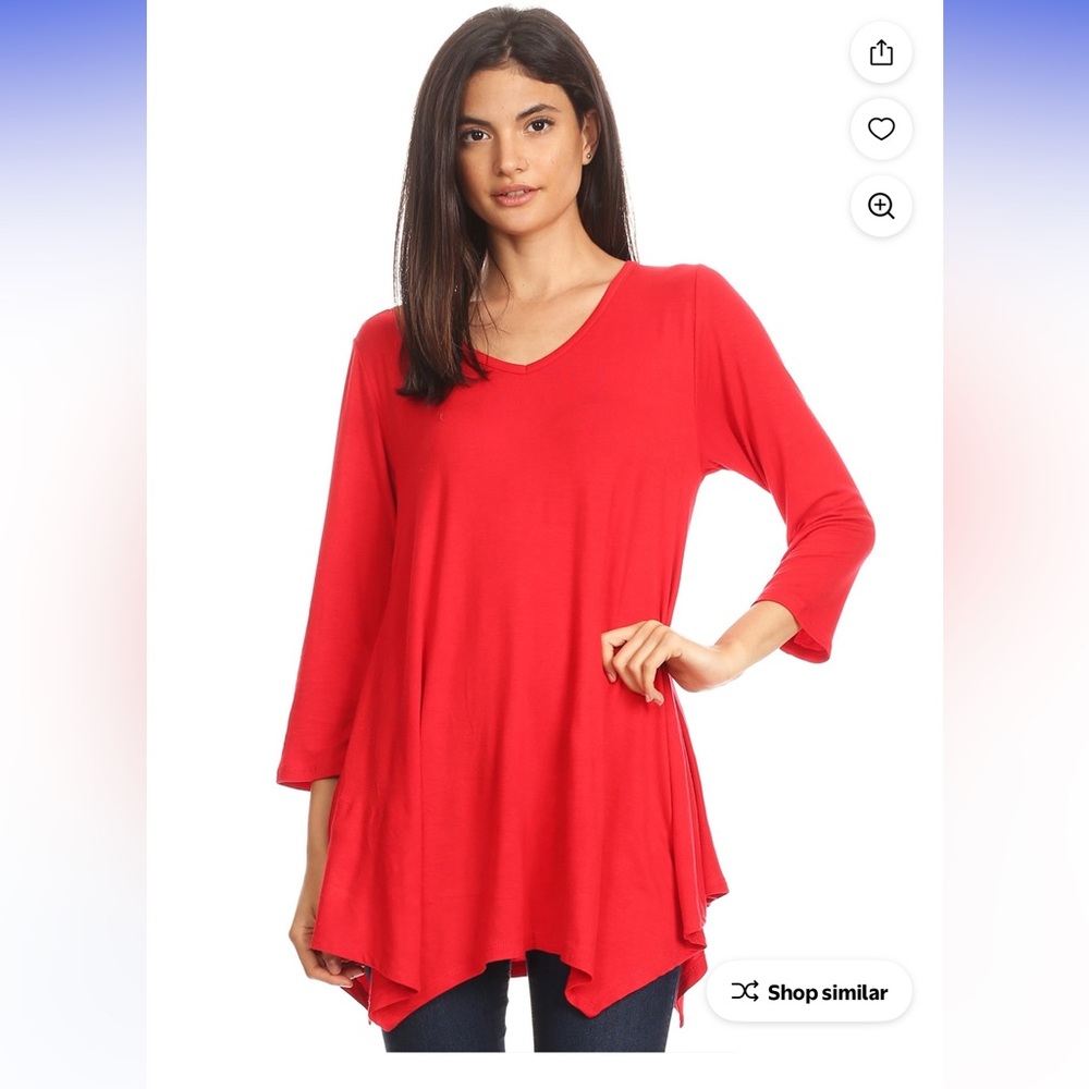 She's Free Style Vibrant Red V Neck 3/4 Sleeves Tunic Size L NWT